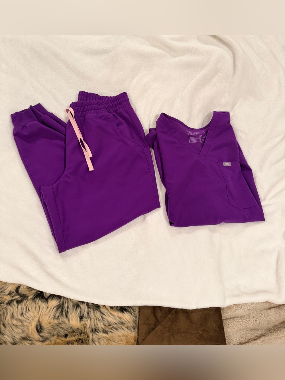 Figs Women's Purple Scrub Top and Jogger Set with Pink Drawstring